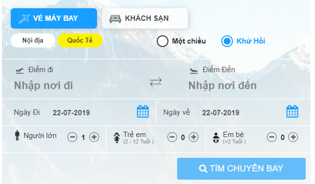 Với đặt vé máy bay quốc tế, quý khách điền đầy đủ thông tin (hình dưới) và bấm “Tìm chuyến bay”