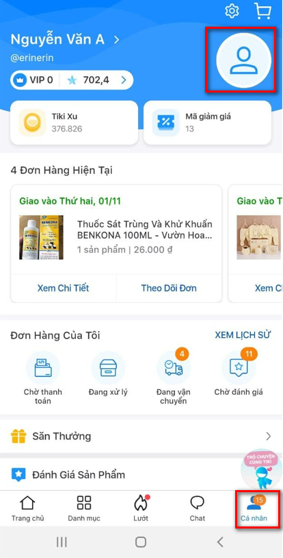 Quản lý thông tin tài khoản Tiki