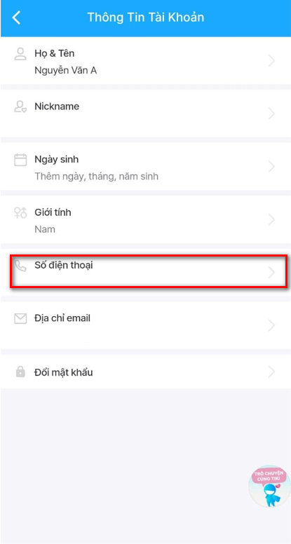 Cập nhật số điện thoại qua ứng dụng Tiki App